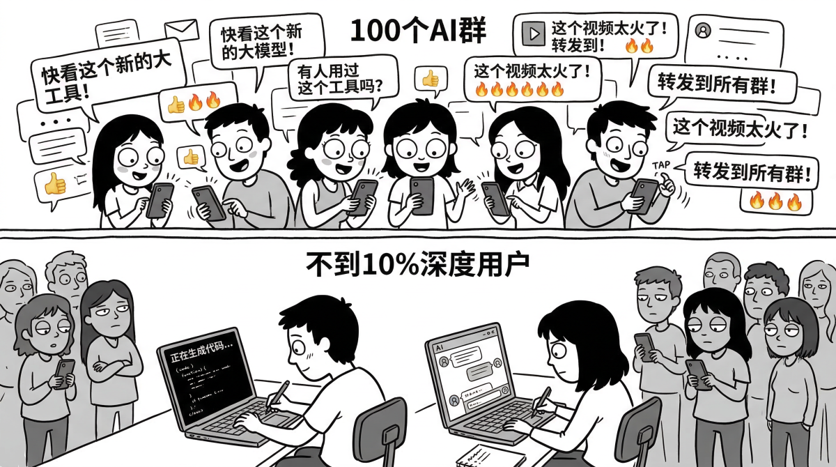 封面:100个AI群的热闹讨论 vs 不到10%的深度用户